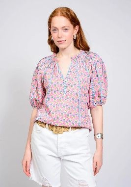 PINK STRIPED TRIM FLORAL TOP