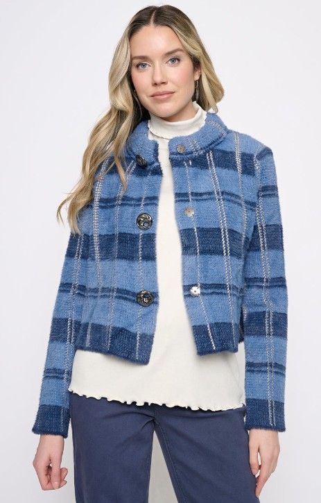 SHORT PLAID JKT, COLOR: DEEP DENIM, SIZE XS-XL: XS