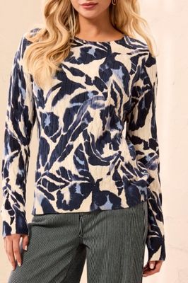 PRINTED CABLE COTTON CREW NECK SWEATER-BLUE FOG