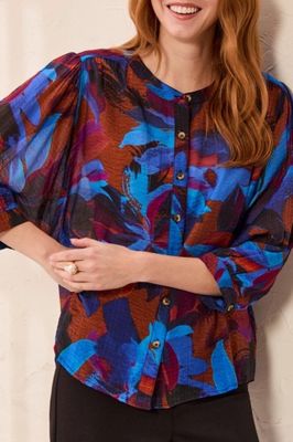 FLOWY DOLMAN SLEEVE BLOUSE WITH SELF-COVERING BUTTONS-SHARPBLUE