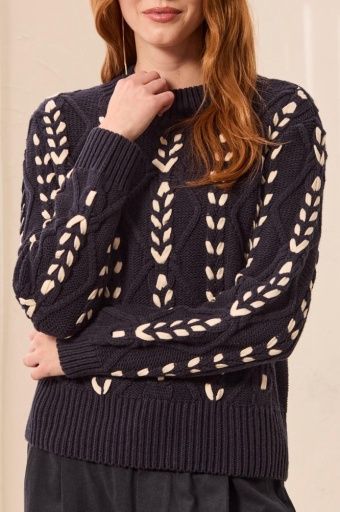 L/S MOCK NK W/CABLES DETAIL-SAPPHIRE, Colour: SAPPHIRE, Size: XS