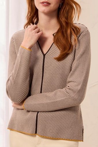 L/S SPLIT NK SWEATER W/TIPING, Colour: OATMEAL, Size: XS