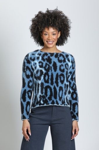 MIDNIGHT SAFARI LEOPARD SWEATER, COLOR: BLUE LEOPARD, Size: XS