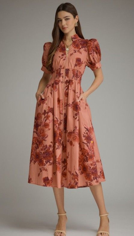 MARSALA DRESS Floral short puff sleeve midi dress