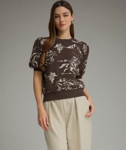 T33688 Western print short puff sleeve knit top