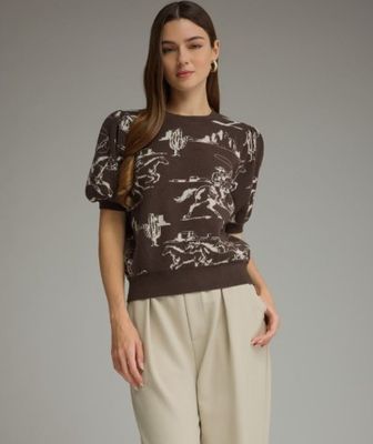 T33688 Western print short puff sleeve knit top