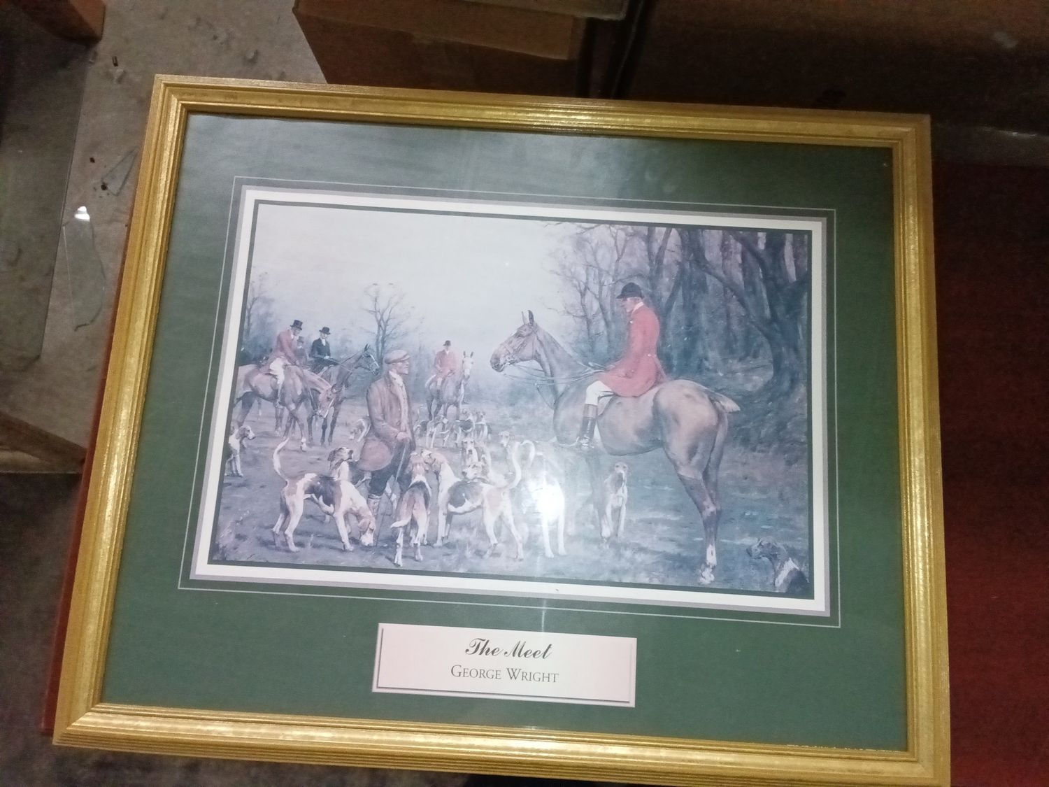 This framed vintage George Wright fox hunt print features deep green matting and a classic equestrian scene.