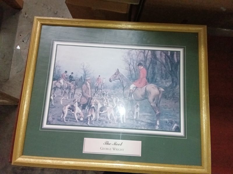 This framed vintage George Wright fox hunt print features deep green matting and a classic equestrian scene.