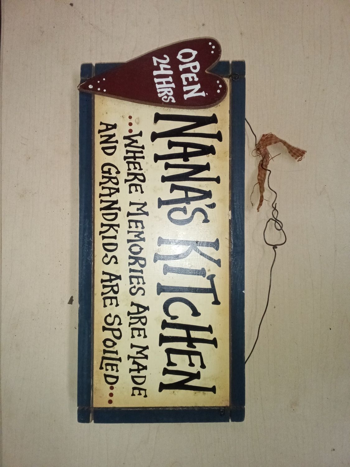 Wood Plaque Sign Decoration with a Metal Wire Nana's Kitchen Where Memories Are Made And Grandkids Are Spoiled Open 24 Hrs"