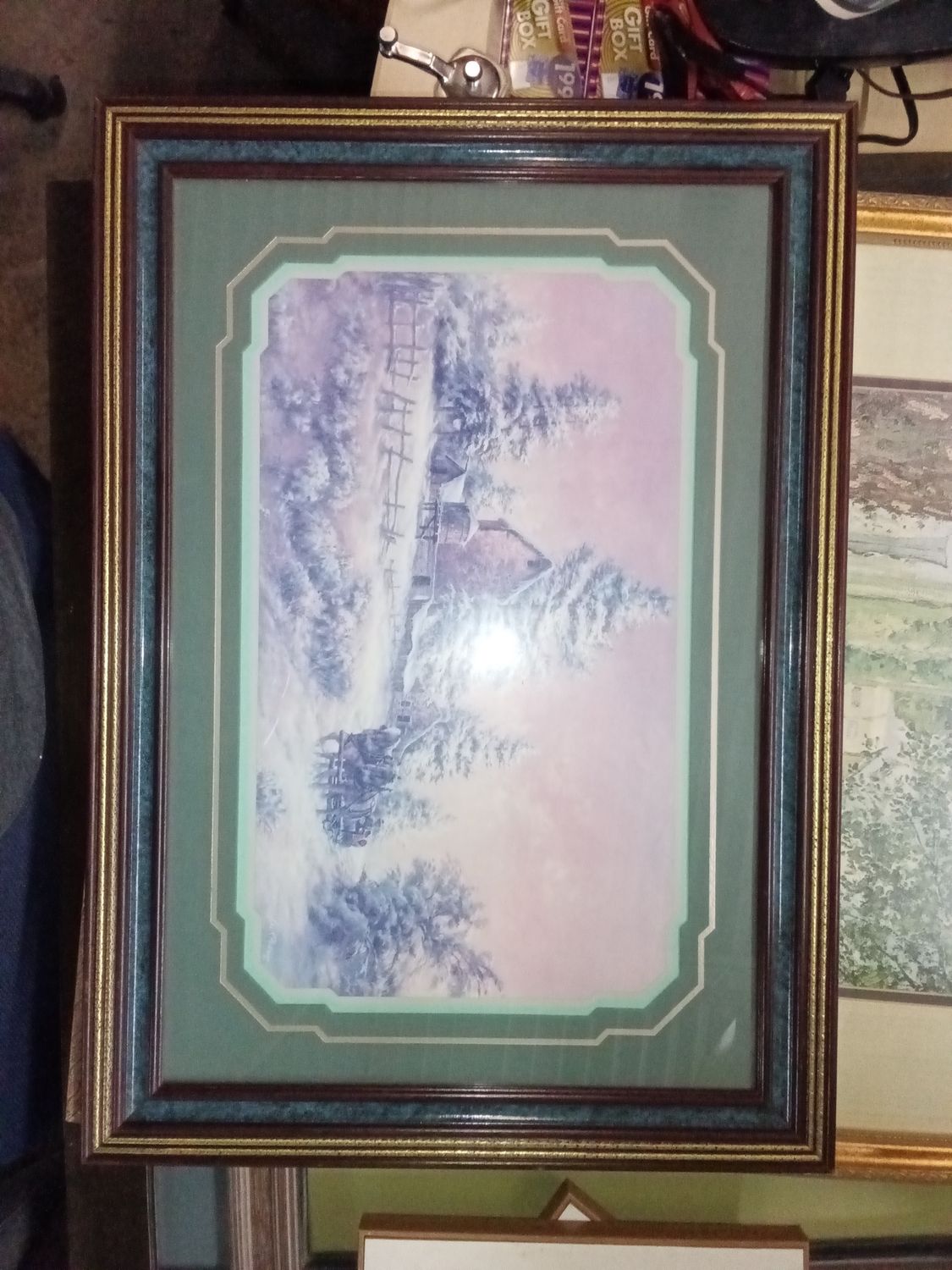 framed vintage art print features a winter farm scene by artist Lee K. Parkinson