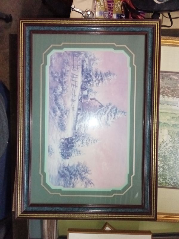 framed vintage art print features a winter farm scene by artist Lee K. Parkinson