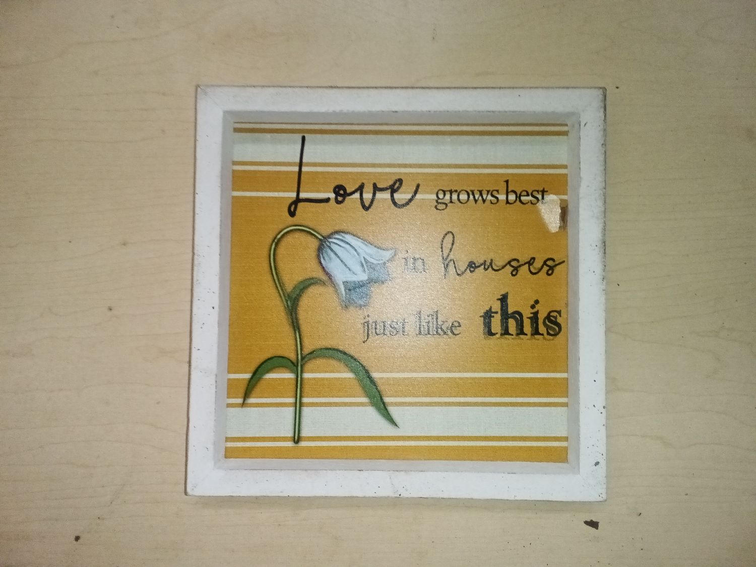 wooden box sign"Love grows best in houses just like this".