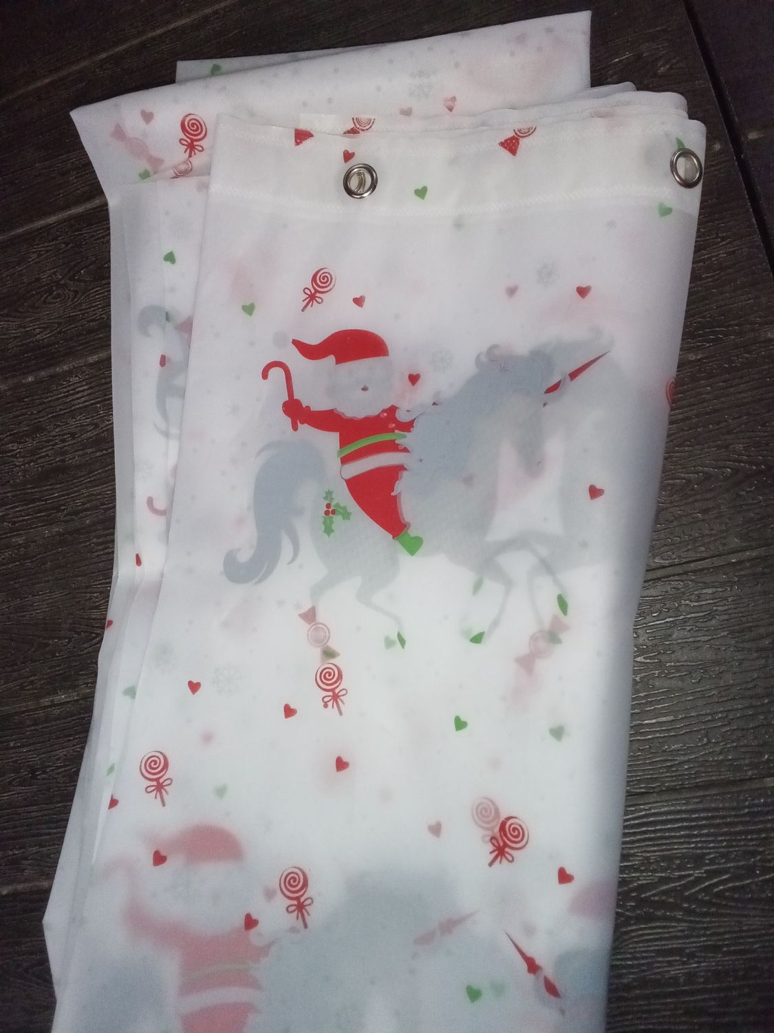 Christmas plastic shower curtain with Santa riding a unicorn