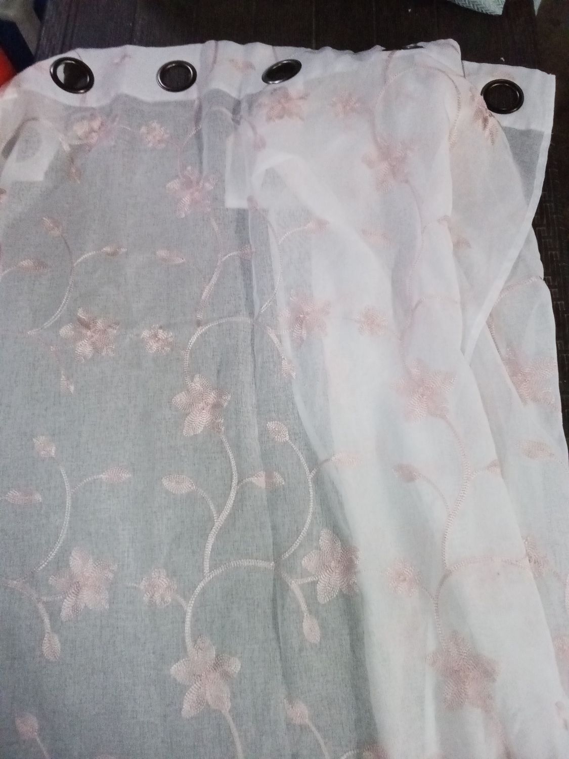 See through with pink embroidered flowers curtains 2 panels