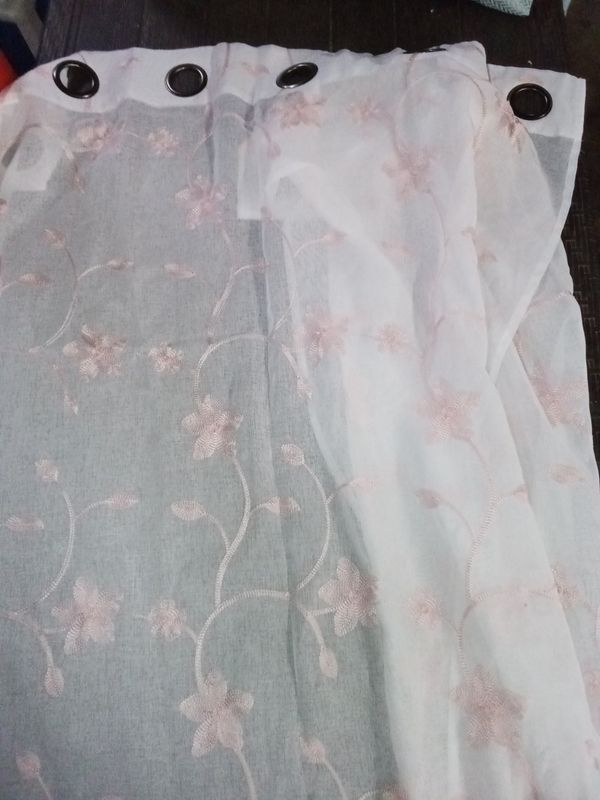 See through with pink embroidered flowers curtains 2 panels