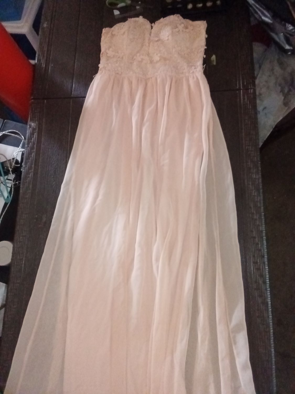 Lily strapless blush pink maxi dress featuring a floral lace bodice and a flowy chiffon skirt