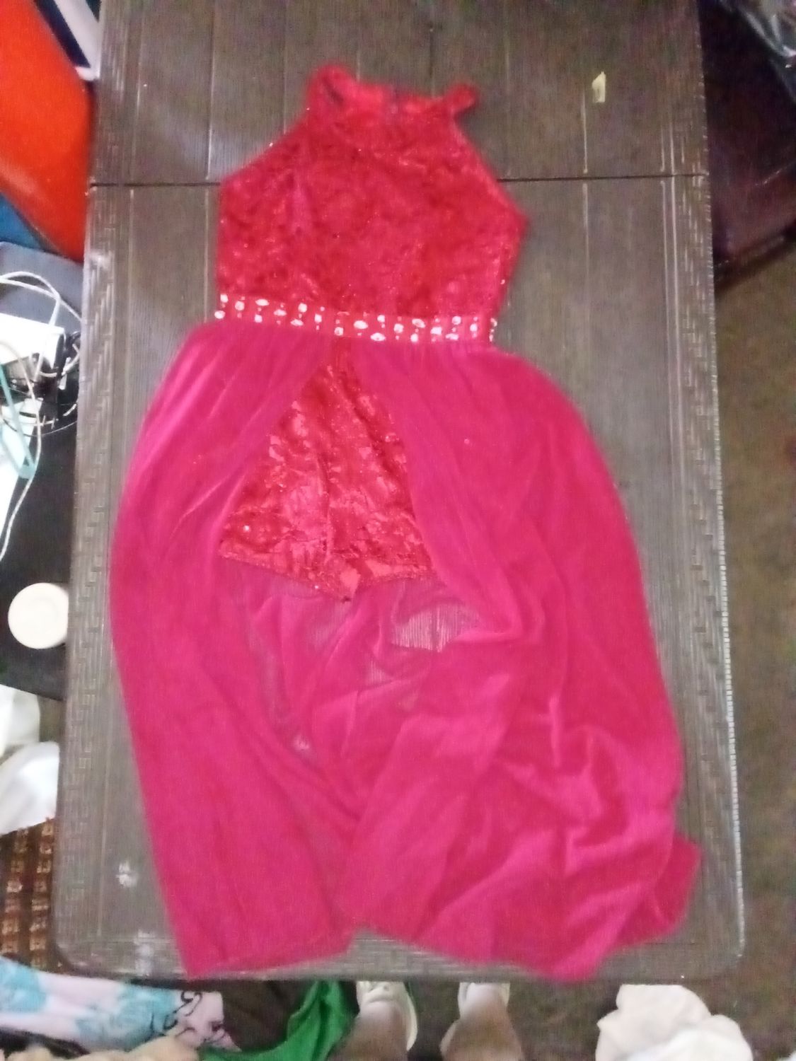 Size 10 Speechless girls' halter-neck high-low romper maxi dress with a jeweled waistline.
