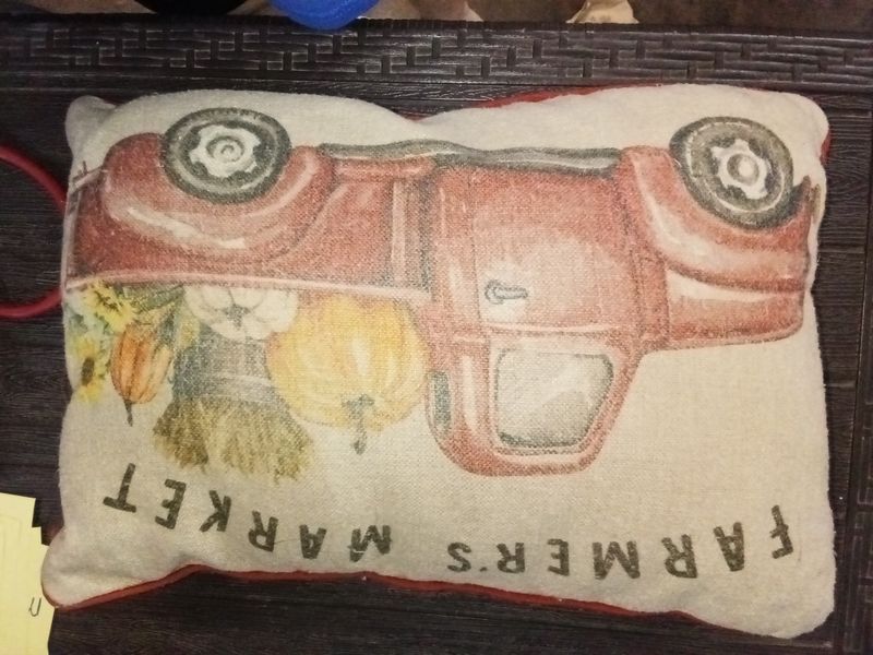 Farmer's Market throw pillow features a rustic red vintage truck illustration decorated with autumn produce.