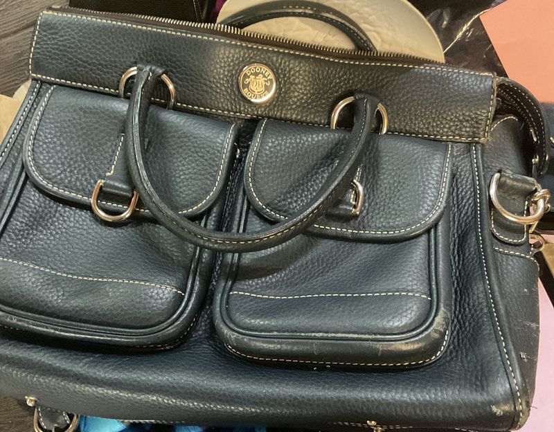 Authentic Rooney Bourke pebbled leather double pocket satchel tote dark navy