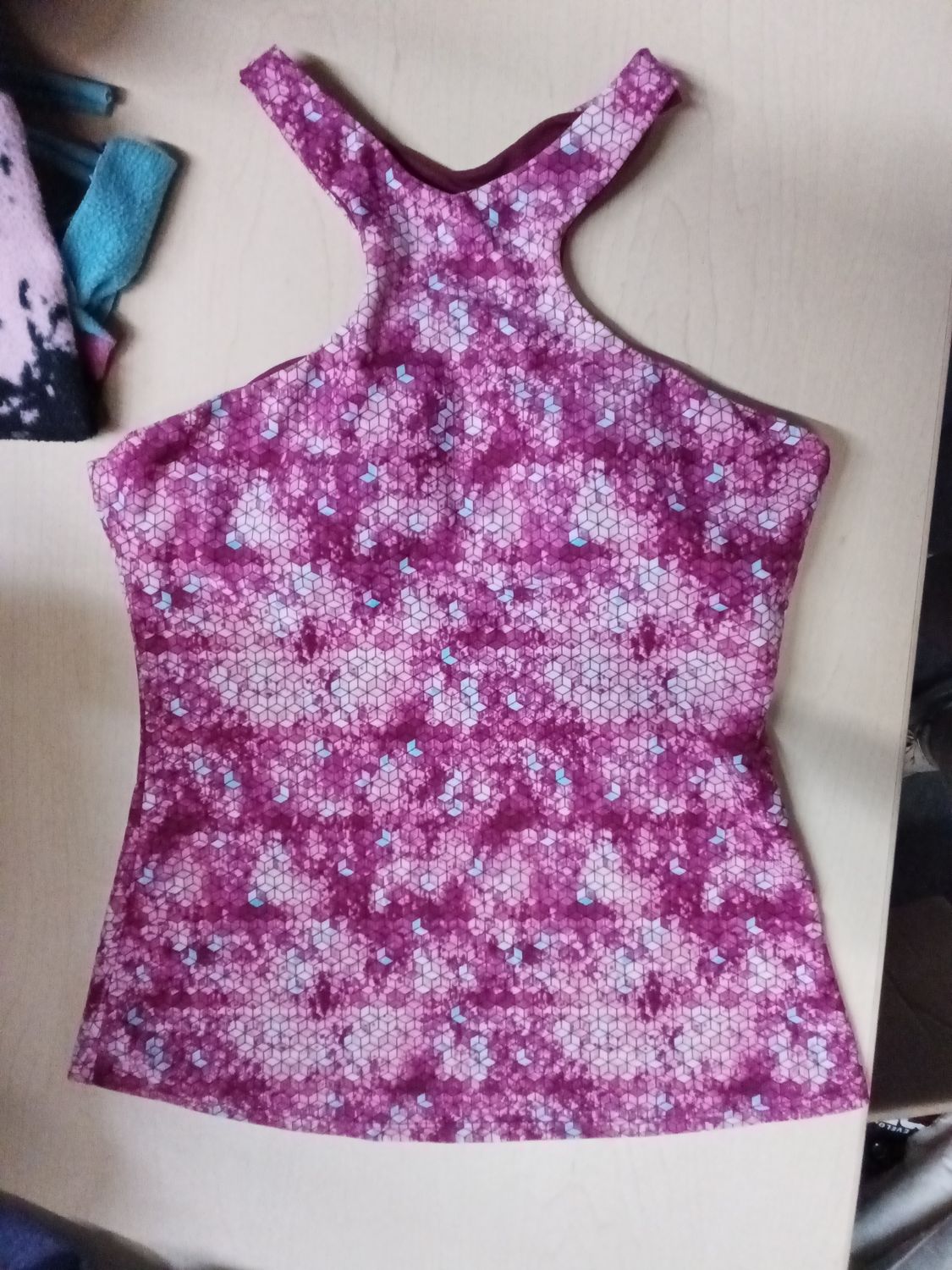 Gossip women's halterkini swim top featuring a vibrant magenta and blue geometric cube pattern. Size M