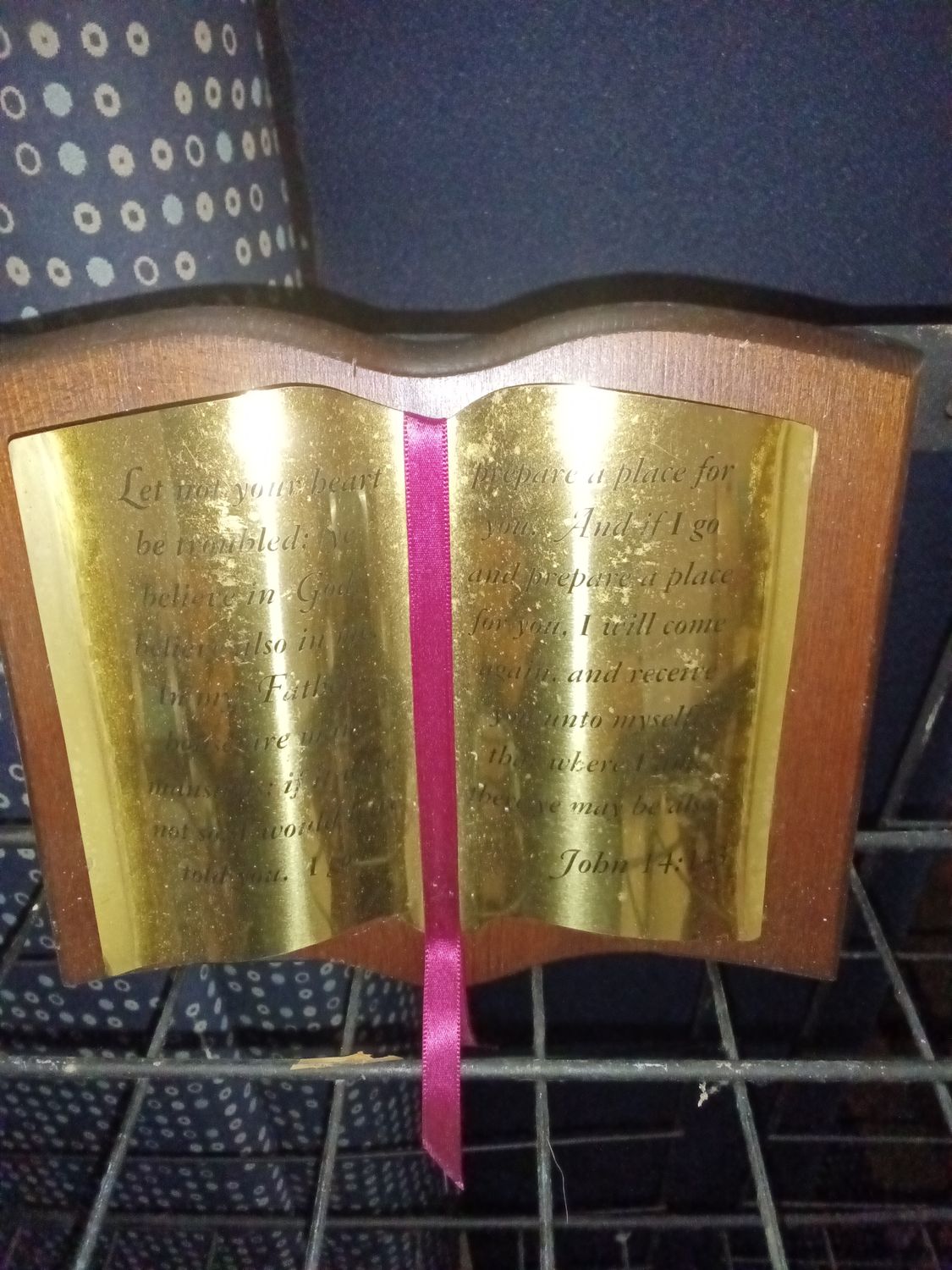 vintage wooden open book plaque with engraved brass foil pages
