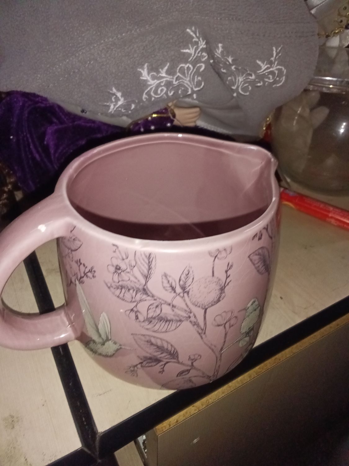 Pink Ceramic Pitcher with Hummingbird and Floral Detail