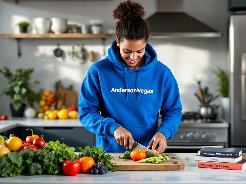 Woman in blue Anderson Vegas hoodie