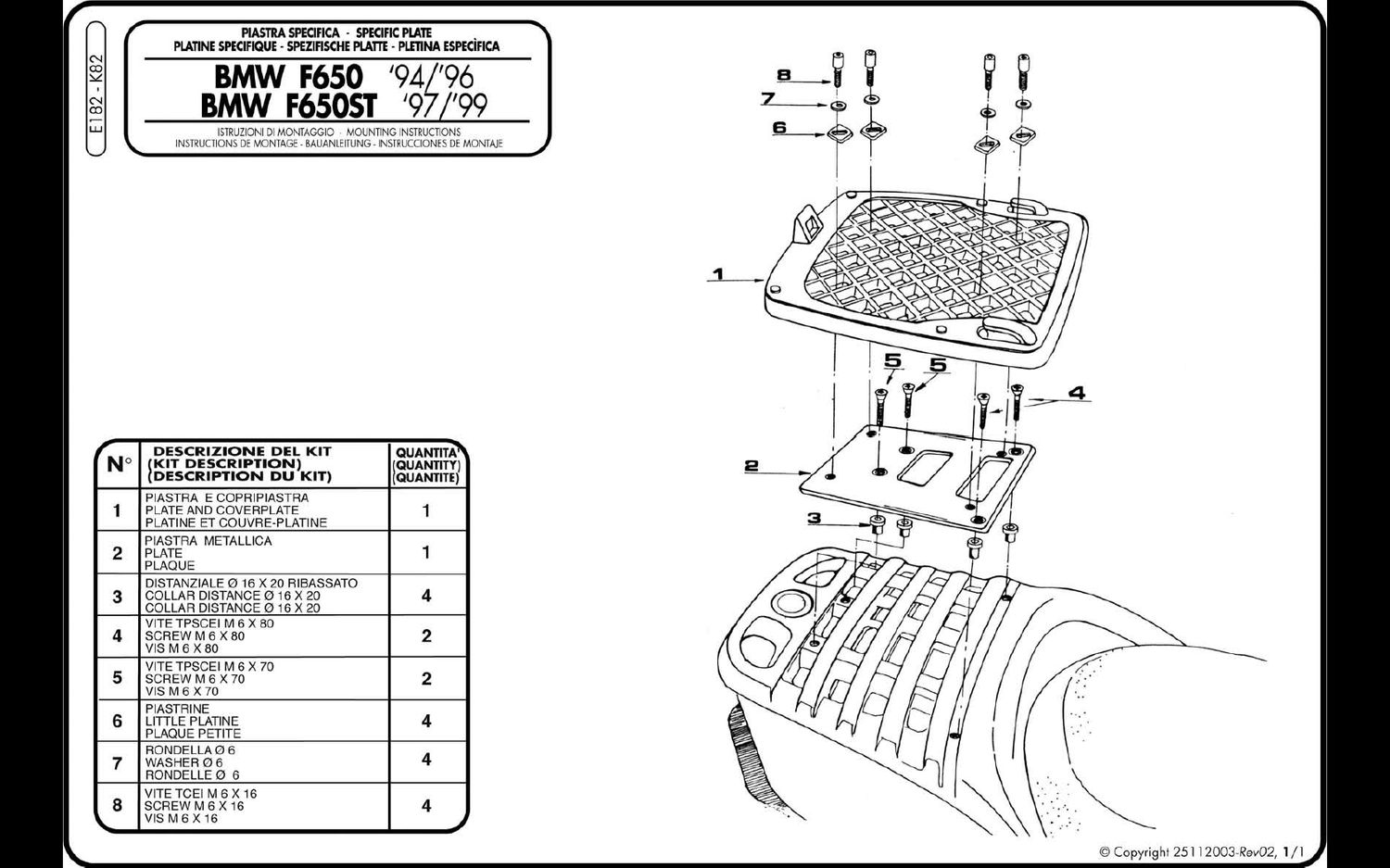 Attacco posteriore Givi E182 per BMW F650 94-96 e F650 ST 97-99, specifico per bauletto Monokey, comprensivo di piastra Monokey