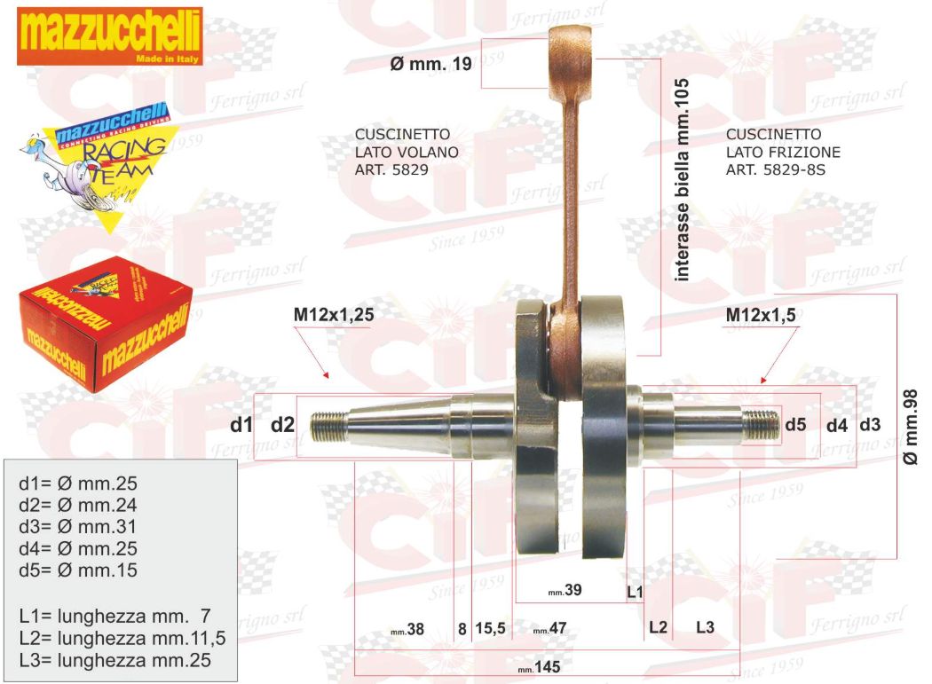 ALBERO MOTORE NUOVA MAZZUCCHELLI TIPO ORIGINALE per VESPA PX 125 - 150 corsa 57mm