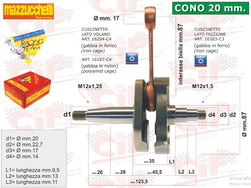 ALBERO MOTORE NUOVA MAZZUCCHELLI ANTICIPATO con BIELLA LUCIDA per VESPA - APE con CONO 20mm e CORSA 43mm
