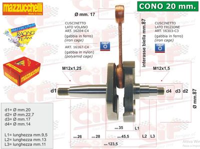 ALBERO MOTORE NUOVA MAZZUCCHELLI ANTICIPATO con BIELLA LUCIDA per VESPA - APE con CONO 20mm e CORSA 43mm ALBERO MOTORE NUOVA MAZZUCCHELLI ANTICIPATO con BIELLA LUCIDA per VESPA - APE con CONO 20mm e CORSA 43mm