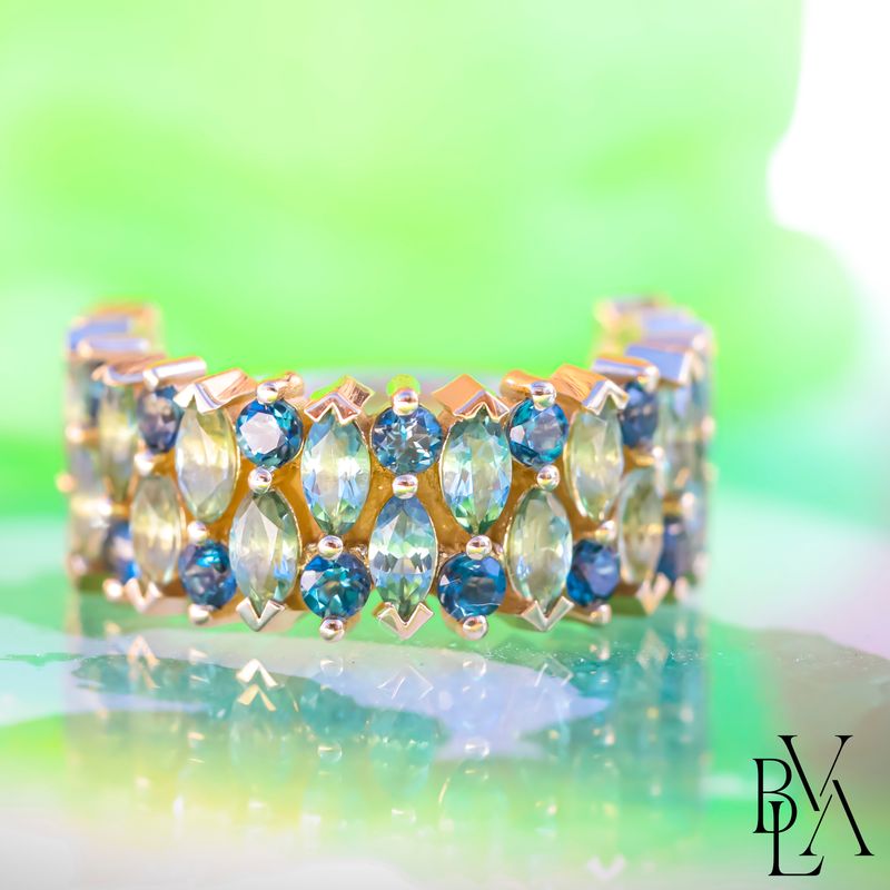2 Row Narrow Seafoam Tourmaline, London Blue Topaz Outward Facing Hinge Ring 16g 7/16" 14k Yellow Gold
