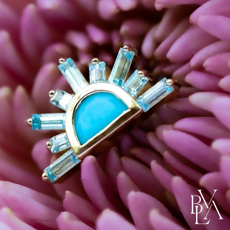 Sunset Turquoise Cabochon, Swiss Blue Topaz 16g Threaded End 14k Yellow Gold