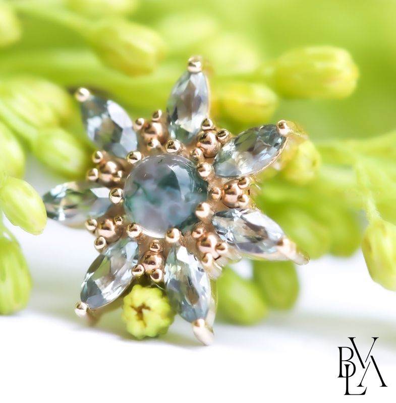 Virgil Moss Agate Cabochon, Grey Sapphire 14g Threaded End 14k Yellow Gold