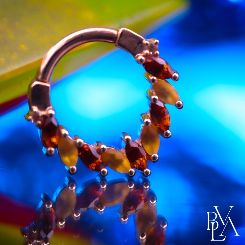 Maeve Madiera Citrine, Sandblasted Citrine, Champagne Sapphire Forward Facing Hinge Ring 16g 5/16" 14k Rose Gold