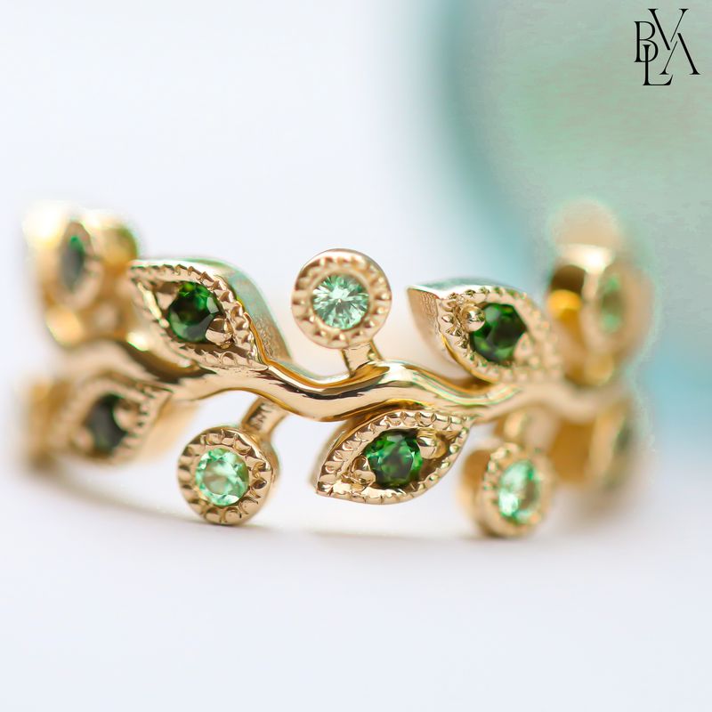 Arwen Green Tourmaline, Tsavorite Garnet Outward Facing Hinge Ring 16g 1/2" 14k Yellow Gold