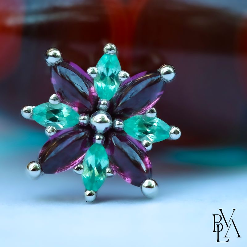 Polaris Rhodolite Cabochon, Chrysoberyl 14g Threaded End 14k White Gold