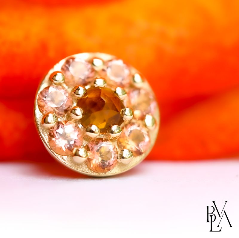 Altura Peach Topaz, Rose Cut Madeira Citrine 16g Threaded End 14k Yellow Gold
