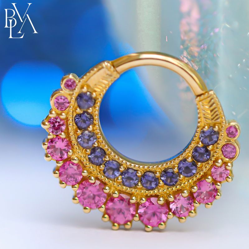 Marilyn Hot Pink Sapphire, Iolite Forward Facing Hinge Ring 16g 5/16" 14k Yellow Gold