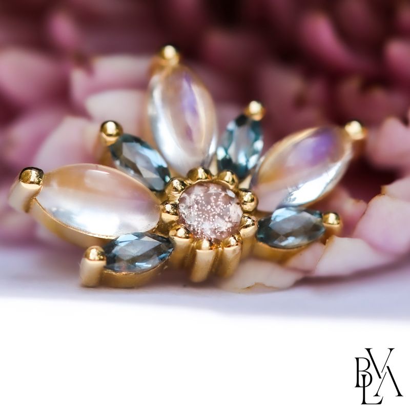 Starling Rainbow Moonstone Cabochon, Grey Sapphire, Oregon Sunstone 14g Threaded End 14k Yellow Gold