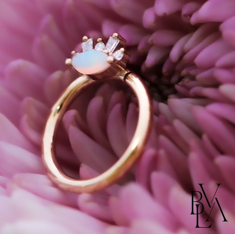 Change of Heart Genuine White Opal Cabochon, VS1 Diamond Forward Facing Seam Ring 16g 11/32" 14k Yellow Gold