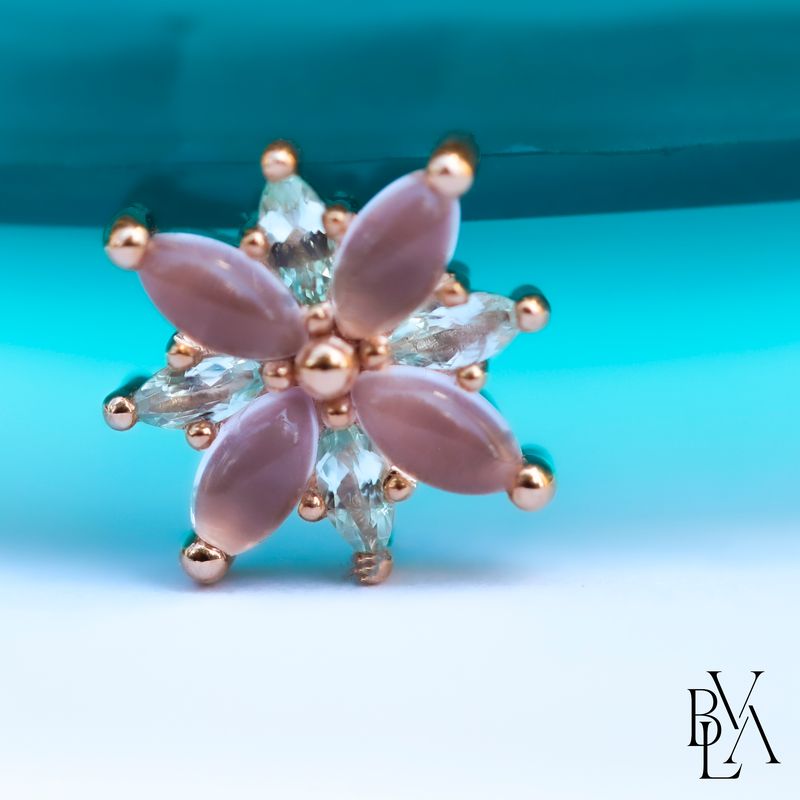 Polaris Rose Quartz Cabochon, Mint Beryl 14g Threaded End 14k Rose Gold