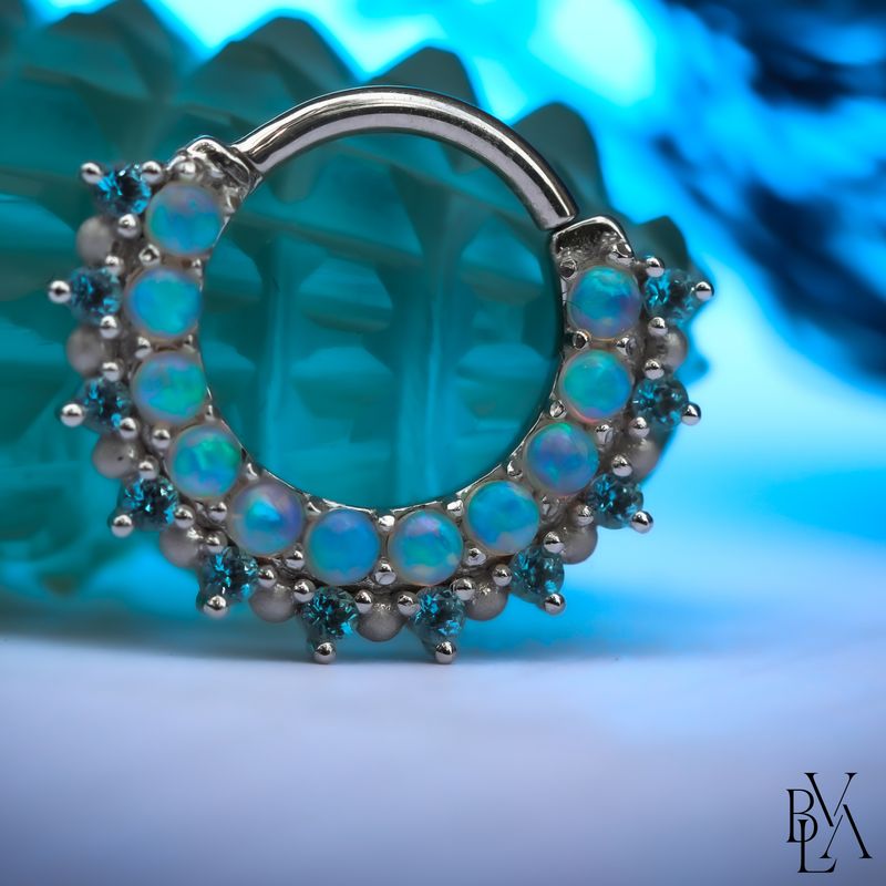 Horizon 2 Genuine White Opal Cabochon, Ice Blue Topaz Forward Facing Hinge Ring 16g 3/8" 14k White Gold