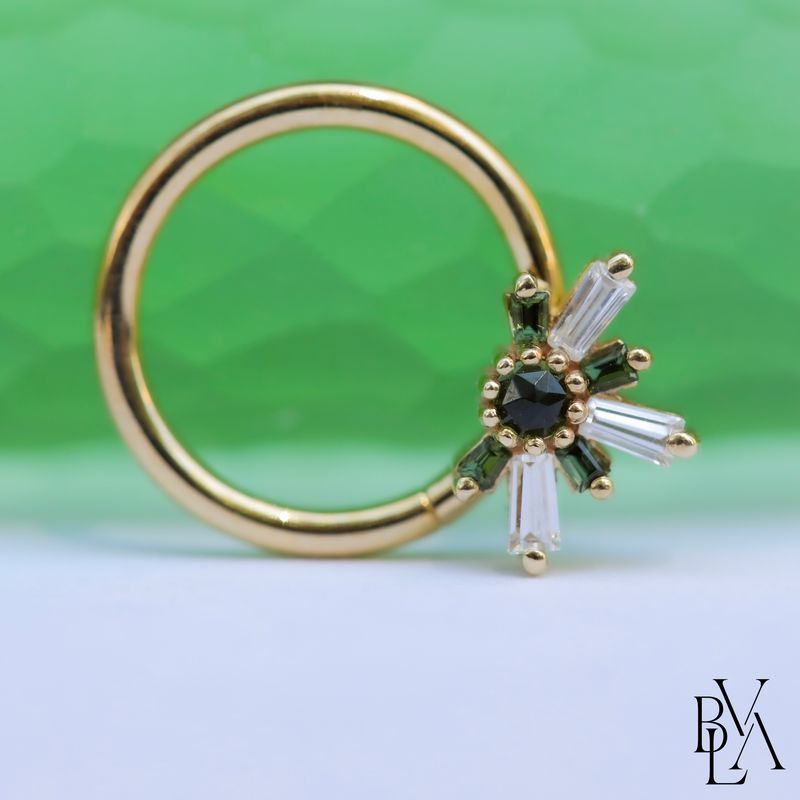 Half MiniNova Rose Cut Green Tourmaline, CZ, Green Tourmaline Forward Facing Seam Ring 16g 3/8" 14k Yellow Gold