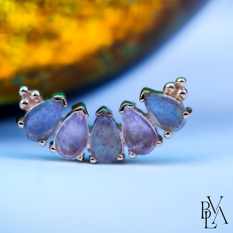 Pear Panaraya 5 Rose Cut Labradorite, Rainbow Moonstone Cabochon 14g Threaded End 14k Rose Gold