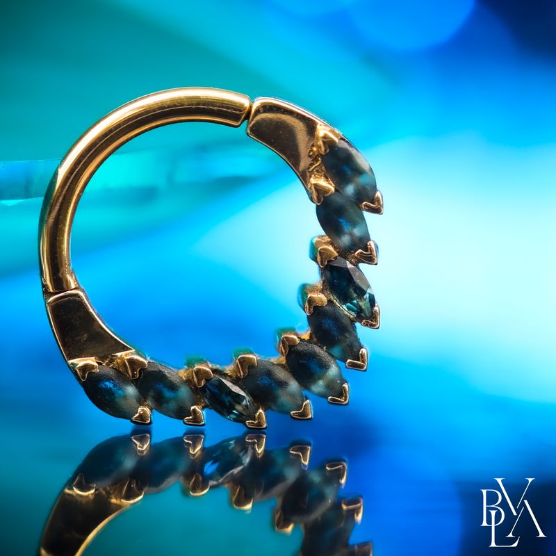 Cascada Sandblasted London Blue Topaz, London Blue Topaz Forward Facing Hinge Ring 16g 5/16" 14k Yellow Gold