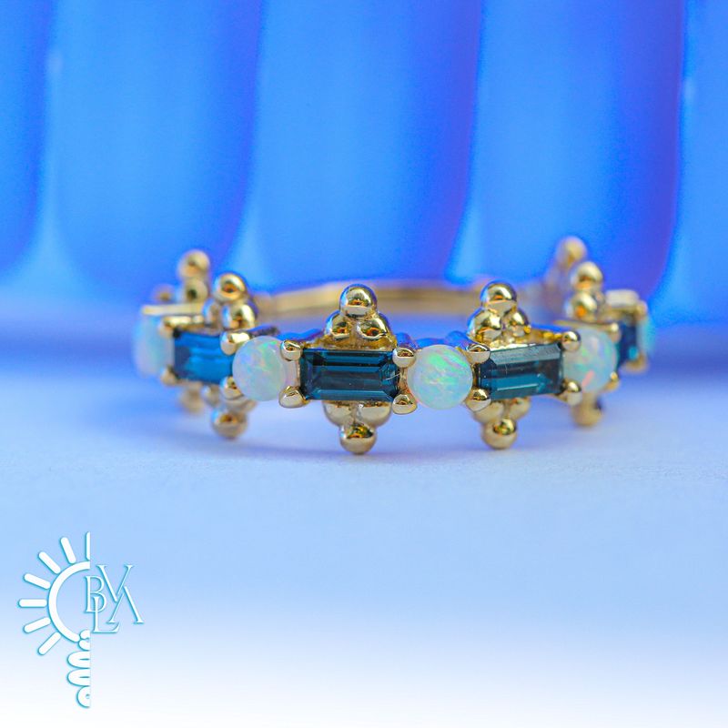 Closer London Blue Topaz, Genuine White Opal Outward Facing Hinge Ring 16g 7/16" 14k Yellow Gold
