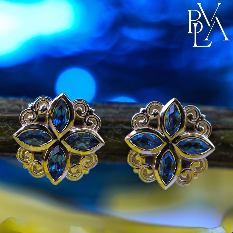 Lamia Marquise Bezel Cluster Polar Sapphire 16g Threaded End 14k Yellow Gold