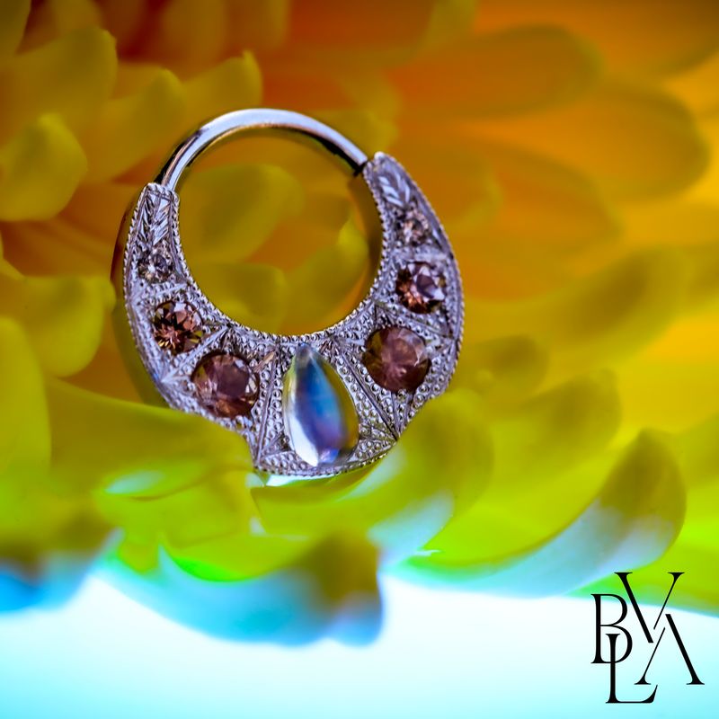 Boston Tiger Rainbow Moonstone Cabochon, Oregon Sunstone, Champagne Sapphire, CZ Forward Facing Hinge Ring 16g 5/16" 14k White Gold