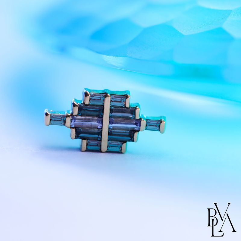 Facade Tanzanite, London Blue Topaz, Alexandrite 14g Threaded End 14k Yellow Gold